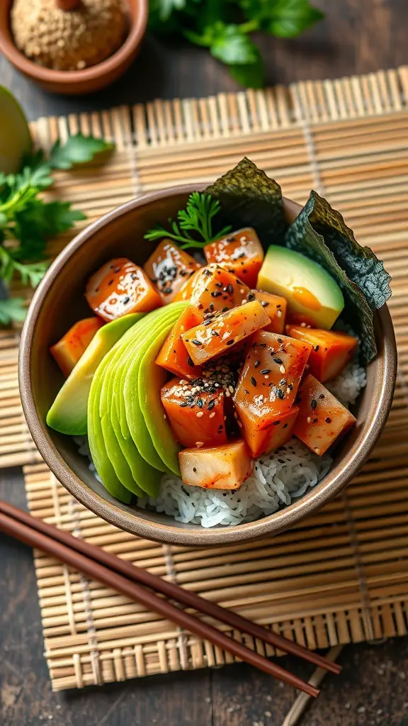 A colorful Spicy Tuna Poke Bowl with diced tuna, avocado, and rice, garnished with sesame seeds and nori.
