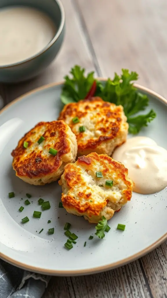 Three crispy cod fish cakes on a plate with dipping sauce and garnished with herbs