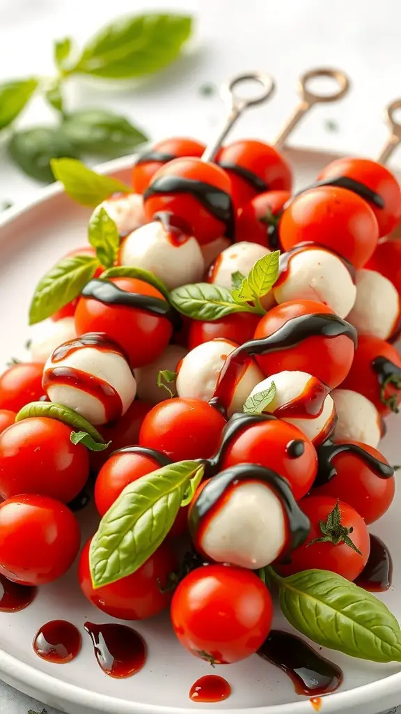 Caprese skewers with cherry tomatoes, mozzarella balls, and basil drizzled with balsamic glaze