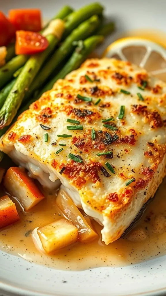 A plate featuring garlic butter baked cod with asparagus and cherry tomatoes.