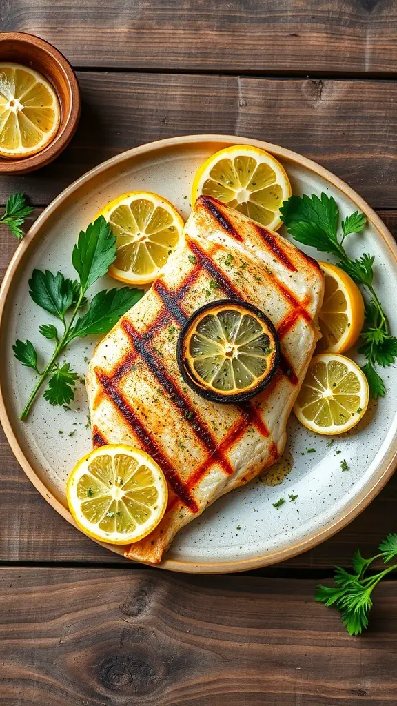 Grilled tilapia fillet garnished with lemon slices and parsley on a wooden table.