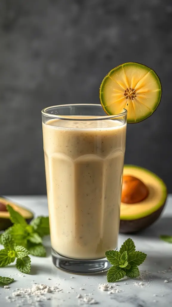 A creamy avocado smoothie in a tall glass, garnished with a slice of avocado and mint leaves.