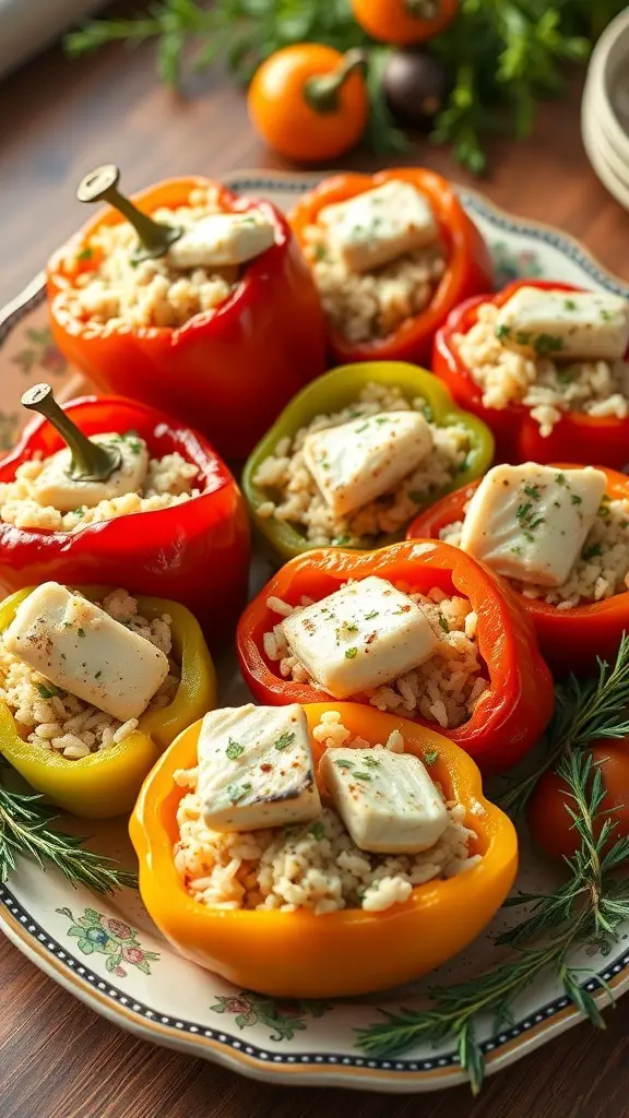 Colorful stuffed peppers filled with rice and Mediterranean fish, garnished with herbs.