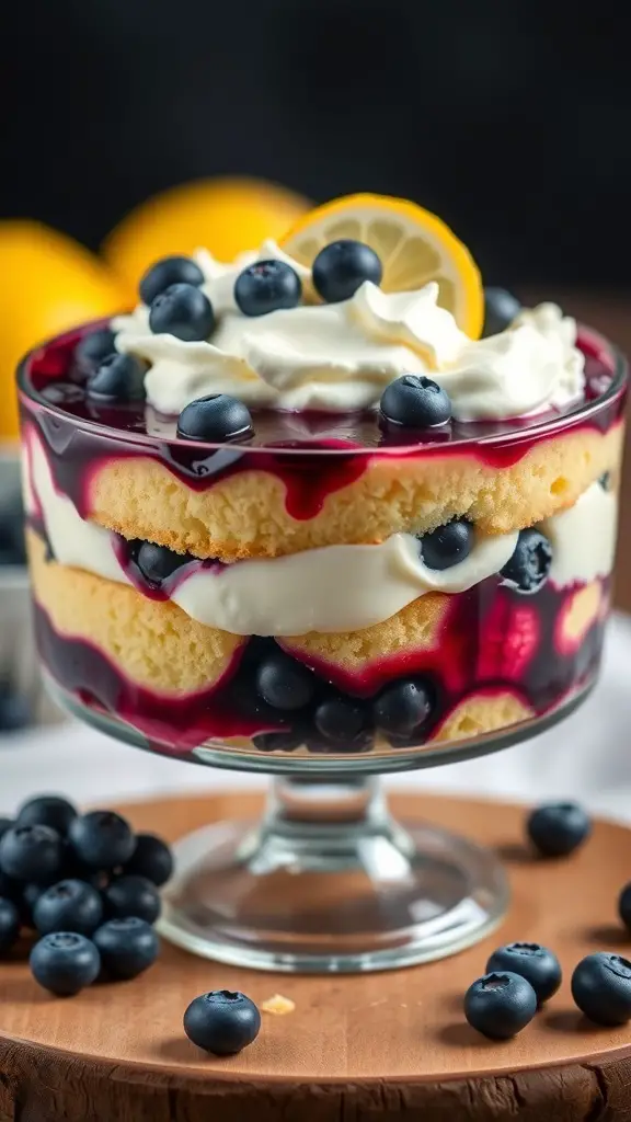 A delicious Lemon Curd and Blueberry Trifle in a glass dish, layered with sponge cake, lemon curd, and blueberries, topped with whipped cream.
