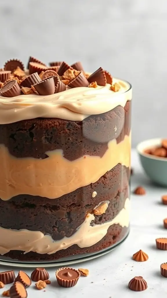 A delicious Peanut Butter Cup Trifle with layers of chocolate cake and peanut butter mousse, topped with peanut butter cups.