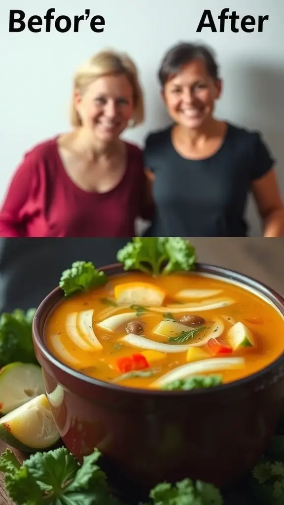 Before and after transformation of two individuals with a bowl of cabbage soup in the center.
