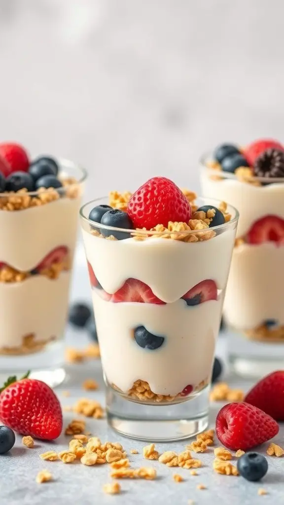 Three vanilla pudding parfaits with layers of strawberries, blueberries, and granola
