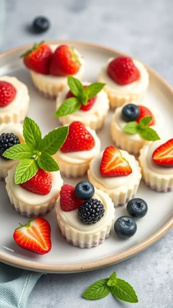 A plate of creamy no-bake cheesecake bites topped with fresh berries and mint leaves.