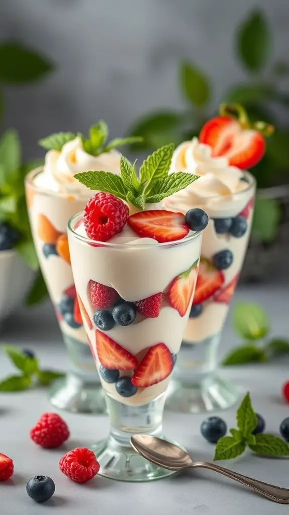 Three fruity parfaits with layers of yogurt, strawberries, blueberries, and raspberries, topped with whipped cream and mint.