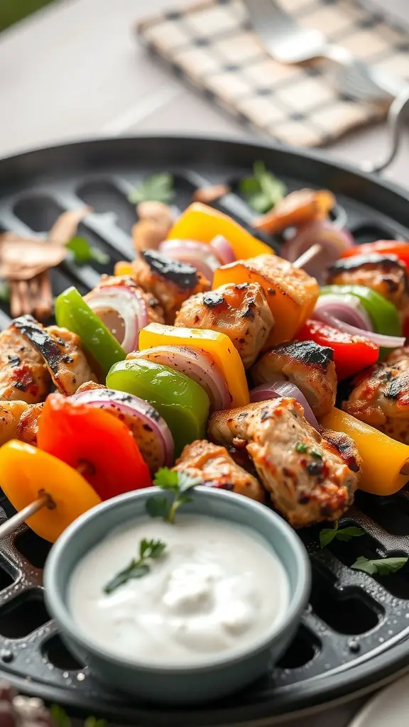 Grilled Mediterranean chicken skewers with colorful bell peppers and onions, served with a yogurt sauce.
