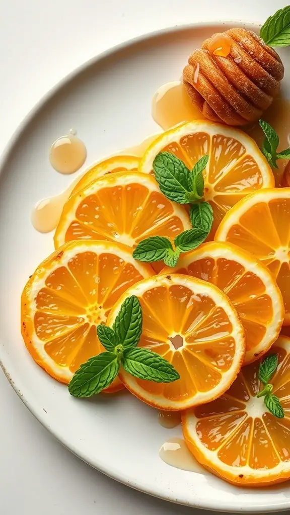 Plate of caramelized lemon slices garnished with mint and honey