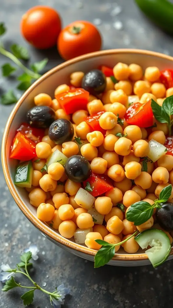 A bowl of Mediterranean Chickpea Salad with chickpeas, tomatoes, cucumbers, and olives.