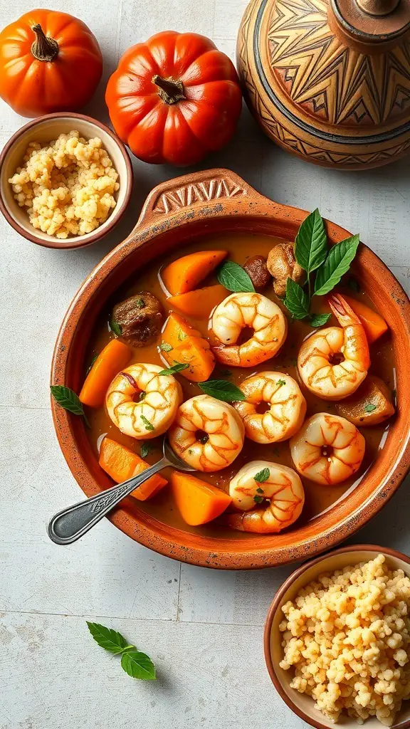 A bowl of Shrimp Tagine with Apricots, featuring shrimp, pumpkin, and herbs, served with couscous.