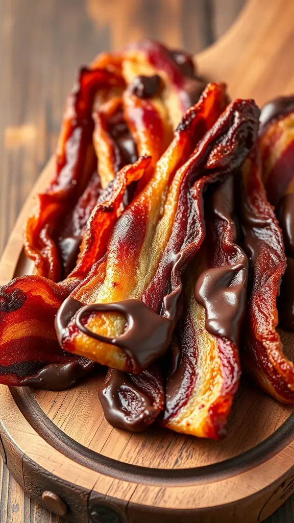Crispy bacon strips drizzled with chocolate on a wooden board.