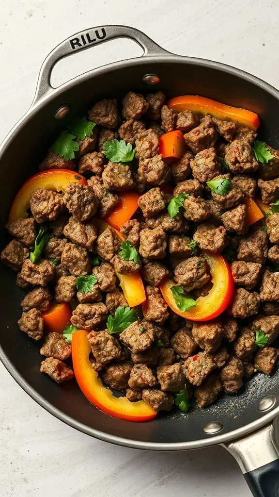 A skillet filled with Mediterranean ground beef stir fry, featuring ground beef, sliced bell peppers, and fresh herbs.