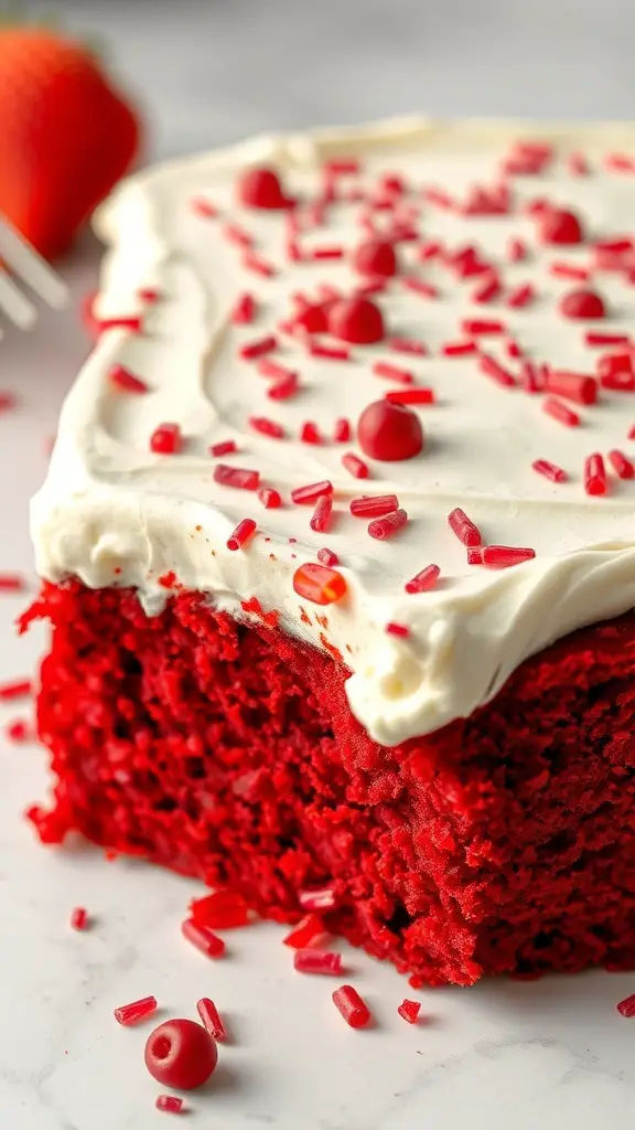A close-up of a red velvet sheet cake topped with cream cheese frosting and red sprinkles.