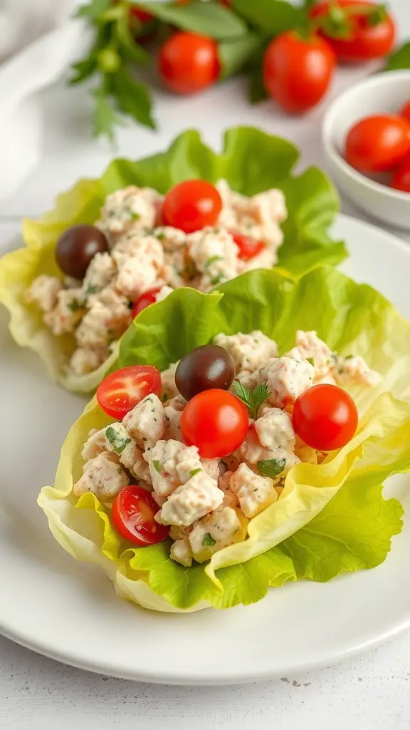 Tuna salad served in lettuce cups with cherry tomatoes