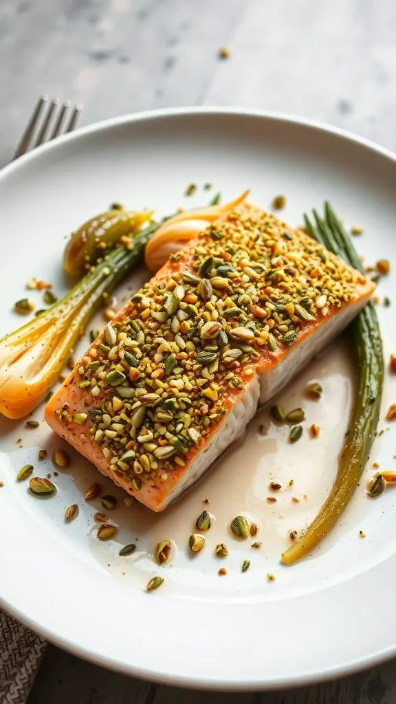 A plate of pistachio-crusted salmon with fennel, garnished with pistachios and served with green onions.