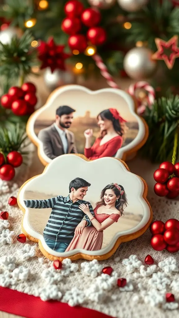 Custom photo cookies featuring a couple, decorated with festive elements.