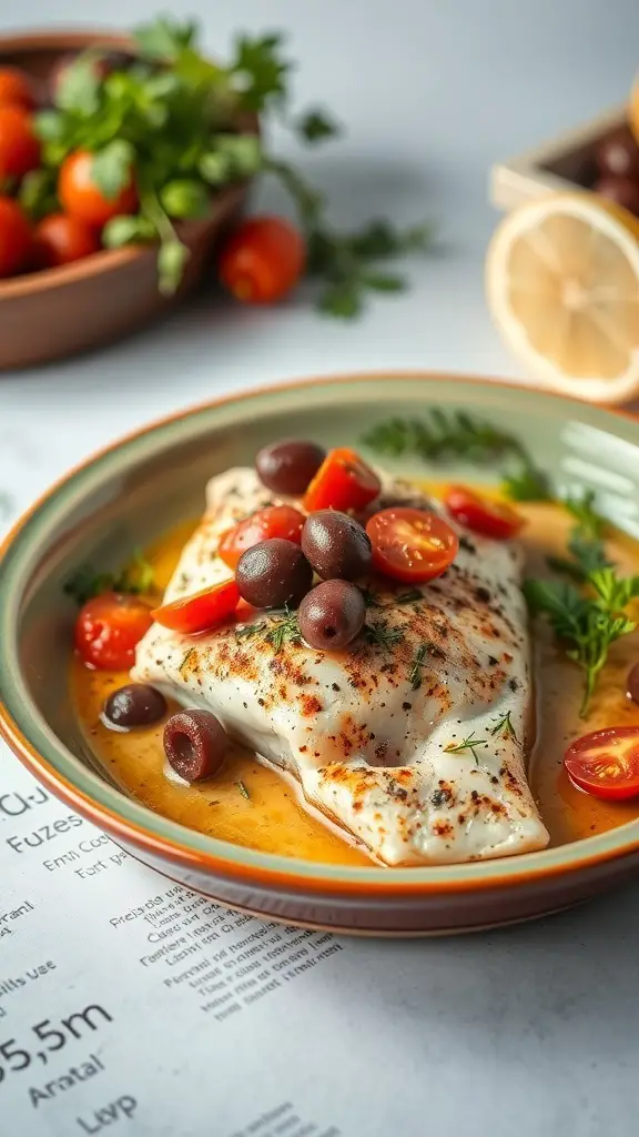 A plate of Mediterranean tilapia topped with olives and cherry tomatoes, garnished with fresh herbs.
