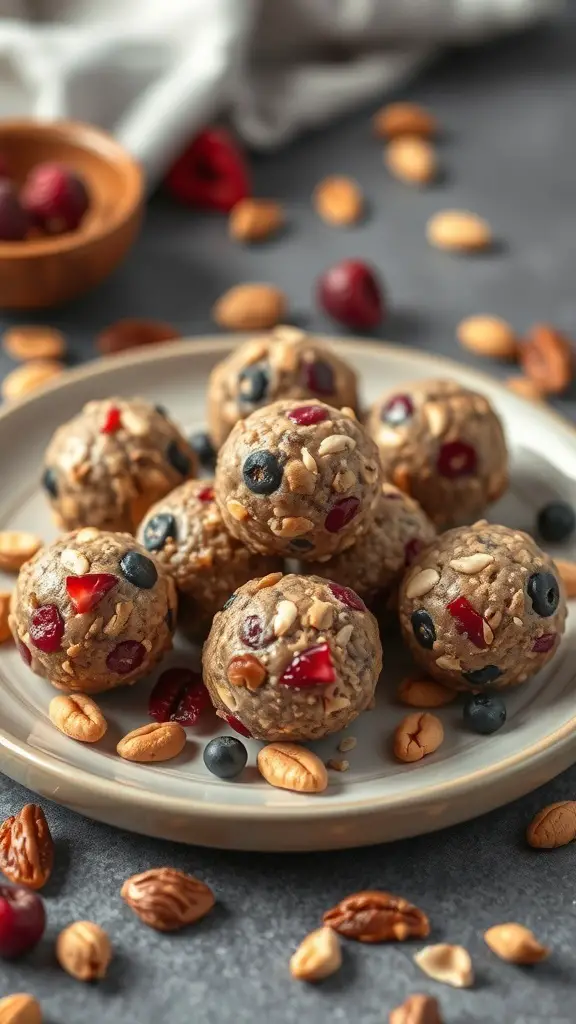 A plate of fruit and nut energy bites surrounded by nuts and dried fruits.