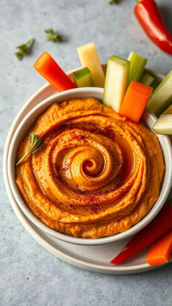 A bowl of roasted red pepper hummus surrounded by fresh vegetable sticks.