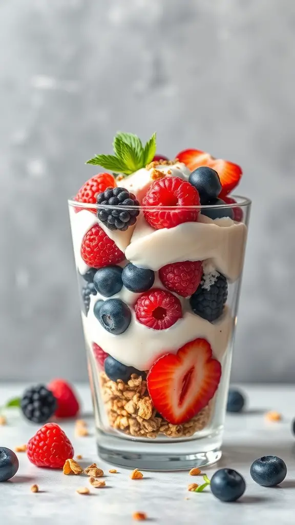 A glass of Greek yogurt parfait layered with berries and granola.