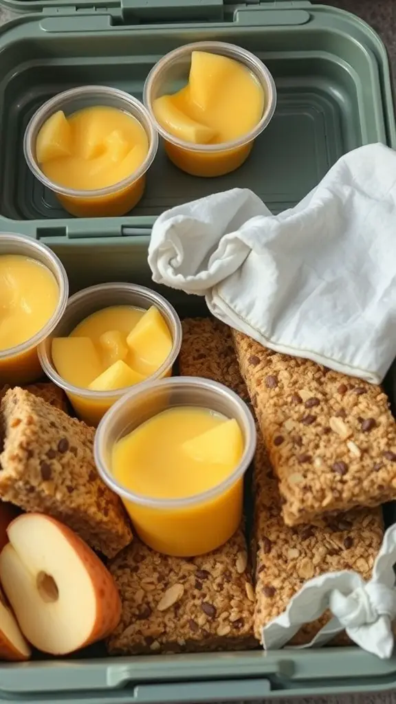 A container filled with soft snacks including fruit puree cups, granola bars, and sliced apples.