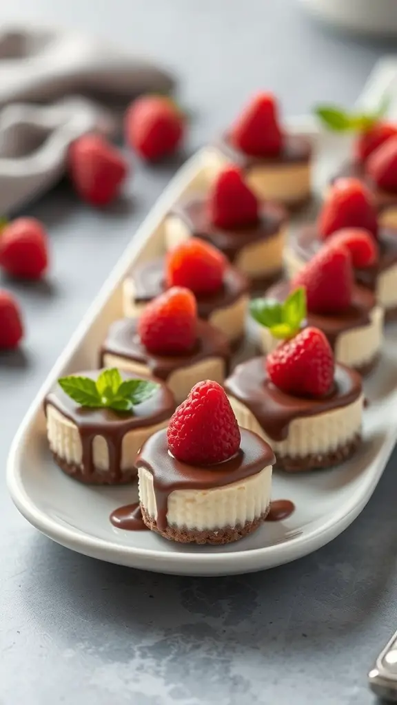 A platter of chocolate dipped cheesecake bites topped with raspberries and mint leaves.
