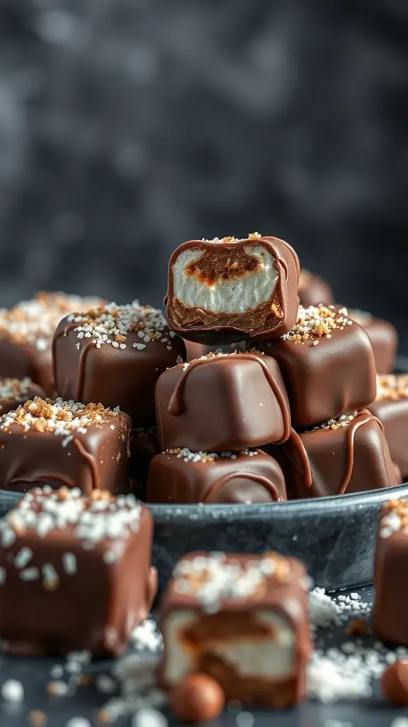 A stack of chocolate covered marshmallows with a crunchy topping, some cut in half to reveal the fluffy interior.