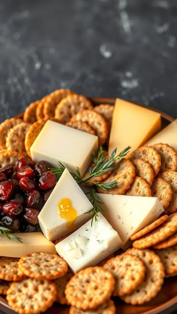 A platter with various cheeses and whole grain crackers, garnished with olives and herbs.
