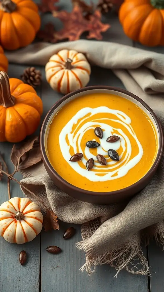 A bowl of creamy pumpkin soup garnished with cream and pumpkin seeds, surrounded by decorative pumpkins and autumn leaves.