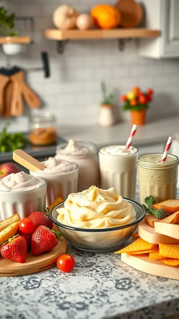 An assortment of soft foods including mashed potatoes, yogurt, smoothies, strawberries, and soft cheeses.