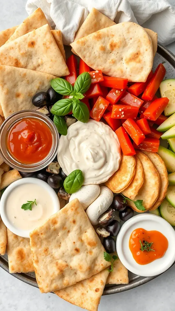 A mezze platter featuring pita bread, lavash, colorful vegetables, and various dips.