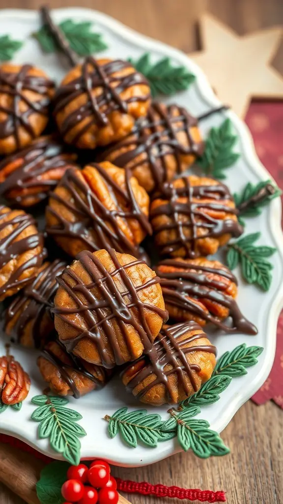 A platter of Caramel Pecan Turtle Candies drizzled with chocolate and garnished with pecans.