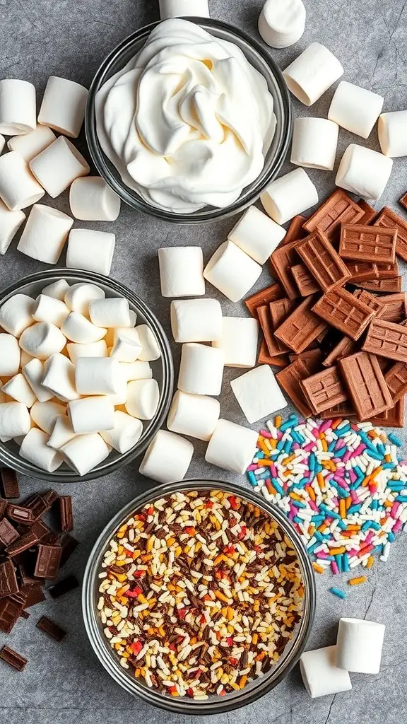 A variety of hot cocoa toppings including marshmallows, whipped cream, chocolate pieces, and colorful sprinkles.