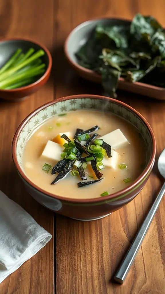 A bowl of classic miso tofu soup with tofu cubes, seaweed, and green onions on a wooden table.