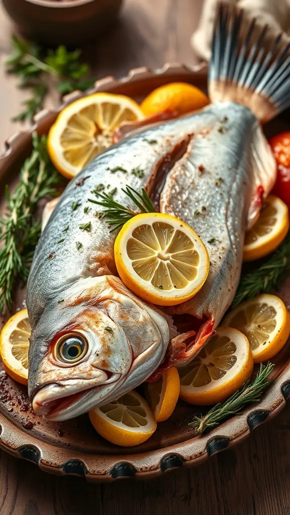 Oven roasted whole fish garnished with lemon slices and herbs on a platter.