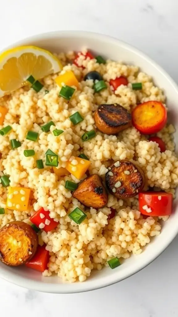 A bowl of couscous with grilled vegetables, garnished with lemon and green onions.