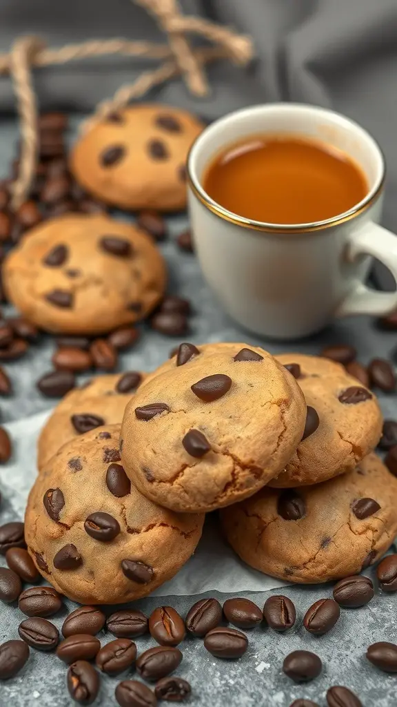 A stack of toffee espresso cookies with chocolate chips and coffee beans, alongside a cup of coffee.
