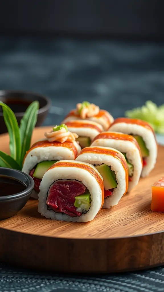 A close-up of tuna sushi rolls on a wooden platter, garnished with green leaves and served with soy sauce.