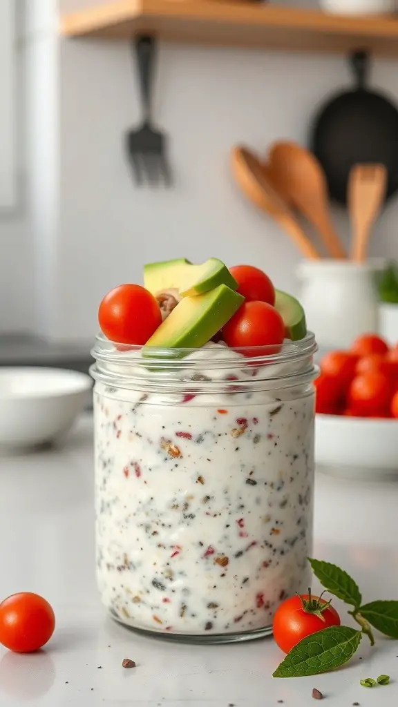 A jar of savory overnight oats topped with cherry tomatoes and avocado slices.