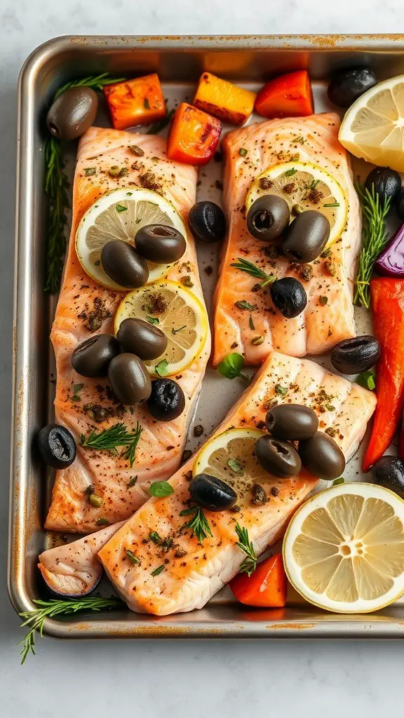 Sheet pan dinner featuring salmon fillets topped with olives and lemon slices, surrounded by colorful bell peppers.