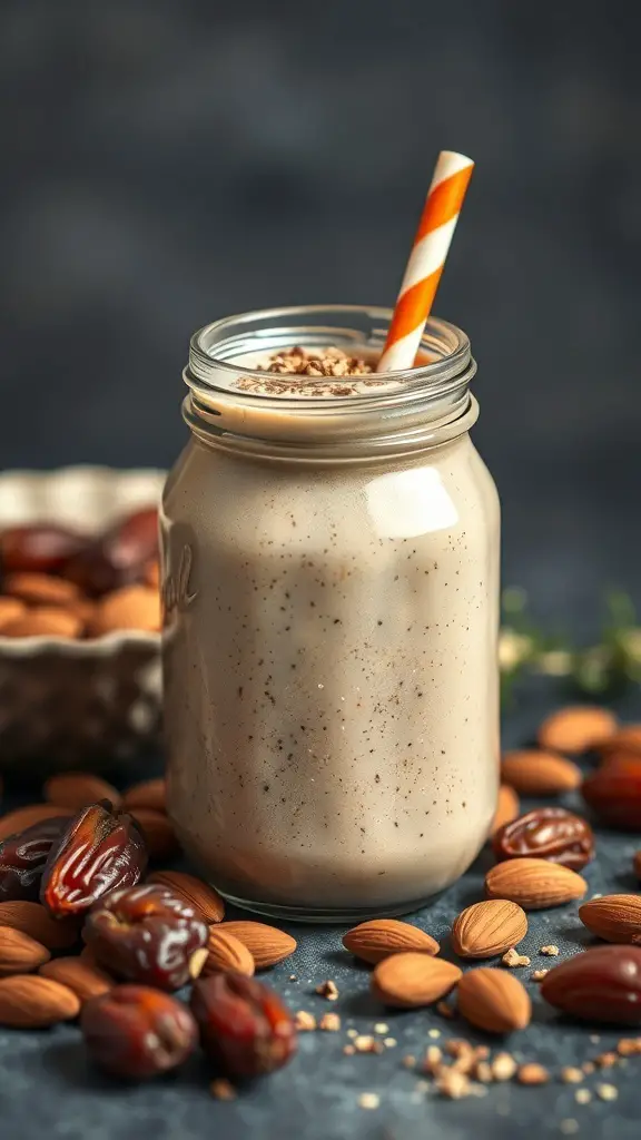 A mason jar filled with a nutty almond and date smoothie, topped with a striped straw, surrounded by almonds and dates.