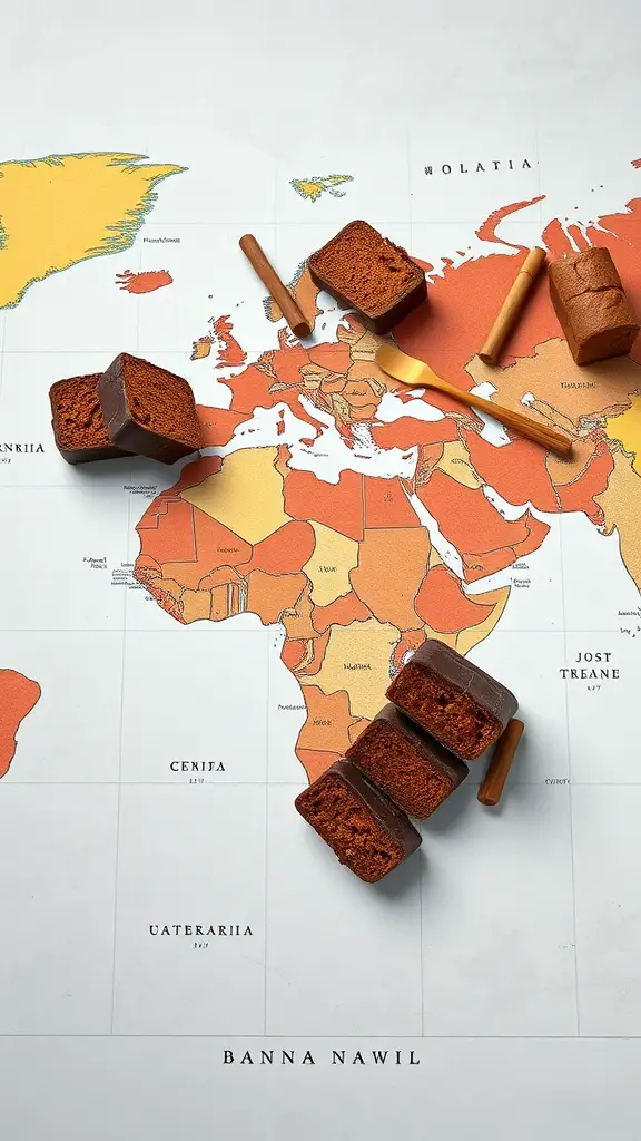 Chocolate banana bread pieces on a world map