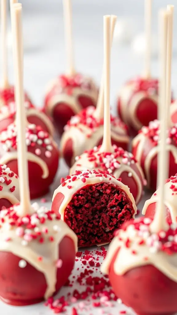 A close-up of red velvet cake balls decorated with white chocolate and sprinkles.