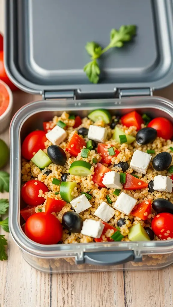 A colorful Mediterranean quinoa salad in a lunchbox, featuring cherry tomatoes, cucumbers, black olives, and feta cheese.