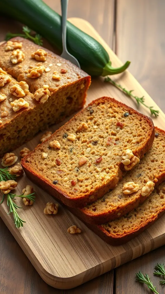 A loaf of zucchini bread with walnuts, sliced and placed on a wooden board, with a whole zucchini beside it.