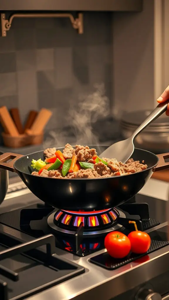 A pan with ground beef and colorful vegetables being stir-fried on a stove.
