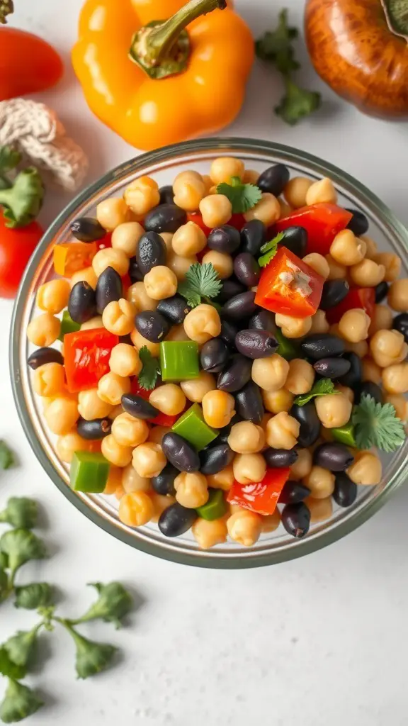 A bowl of Mediterranean bean salad with chickpeas, black beans, and colorful bell peppers